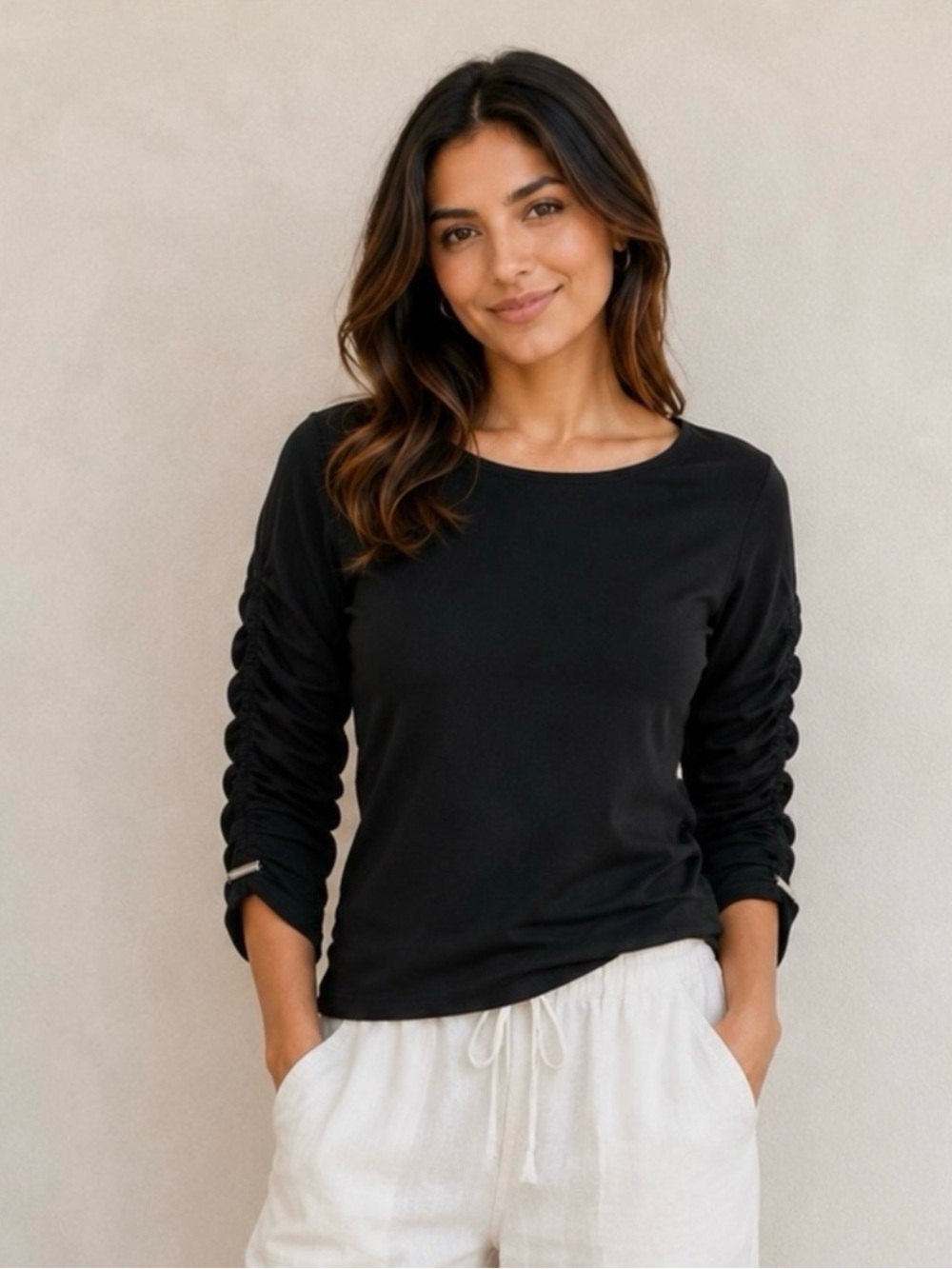 Michael Kors Black Ruched Sleeve Stretch Top Women’s Medium